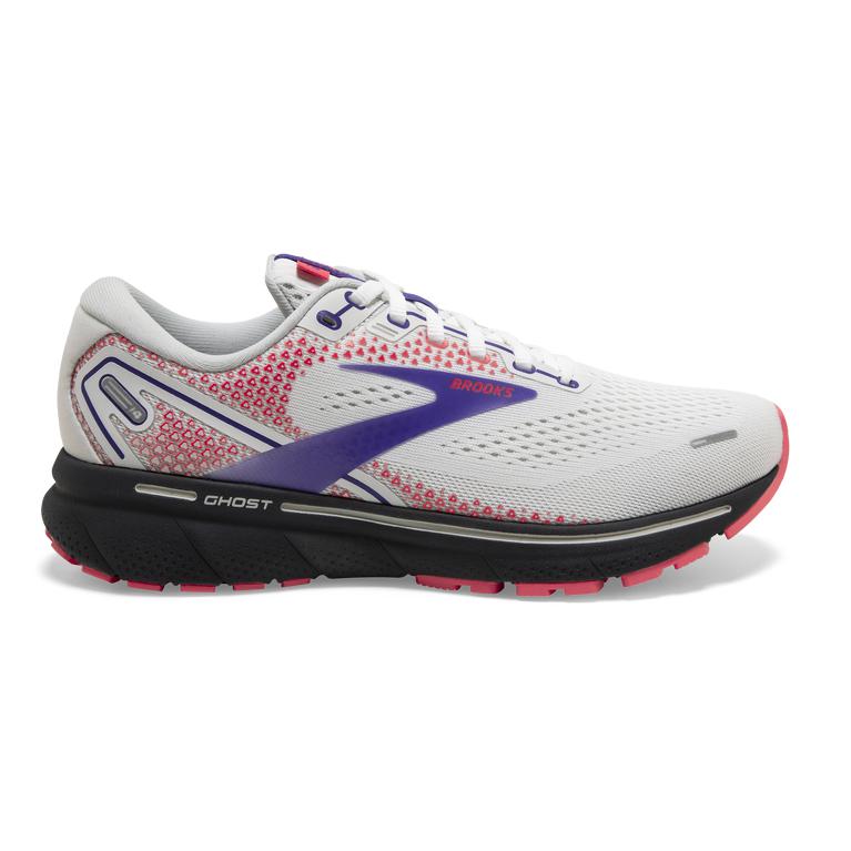 Brooks Ghost 14 Cushioned Road Running Shoes - Women's - White/Purple/Coral (17052-CAYB)